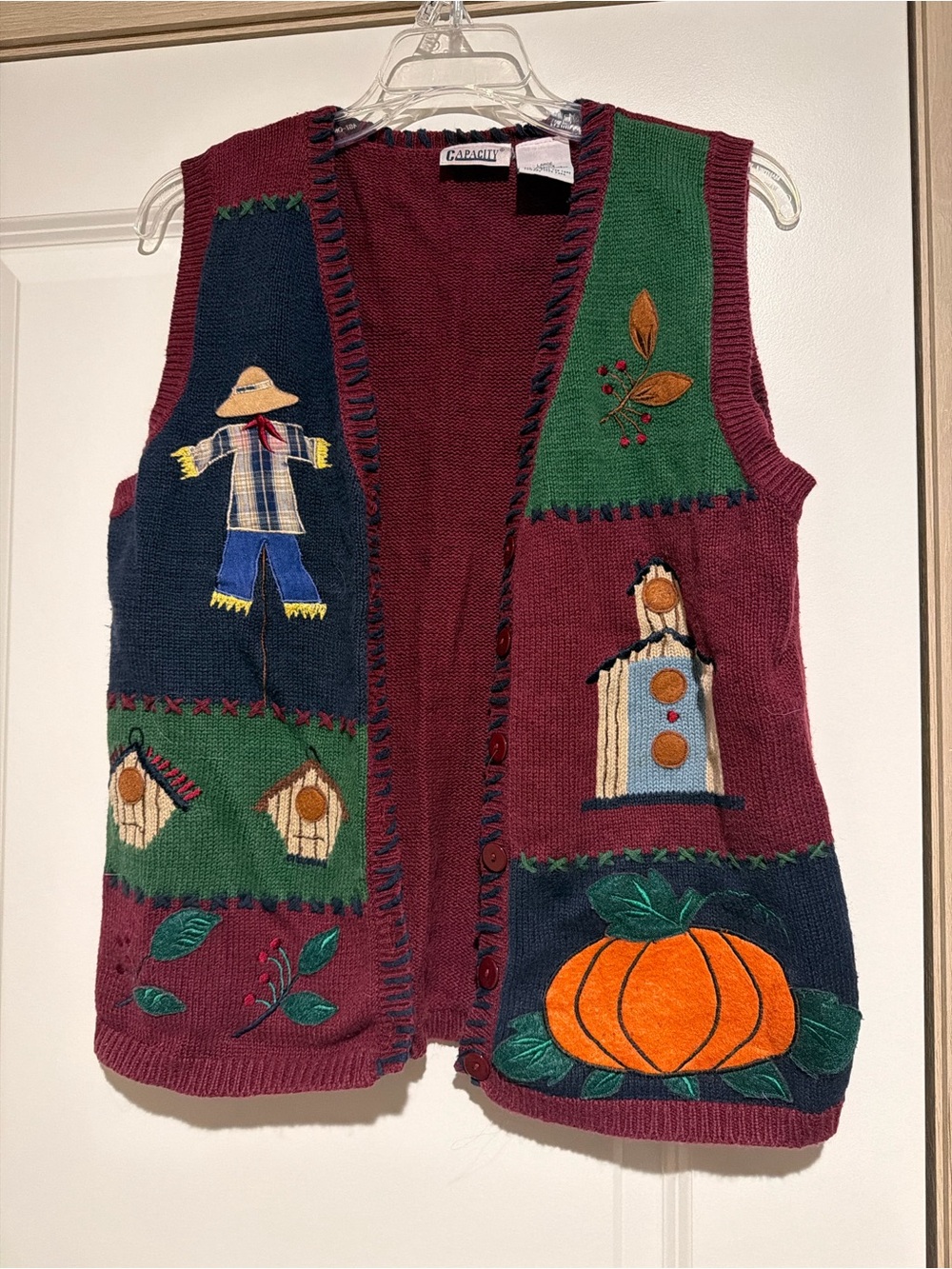 Caracul Burgundy Patchwork Fall Vest Sweater with Pumpkin Appliqué
